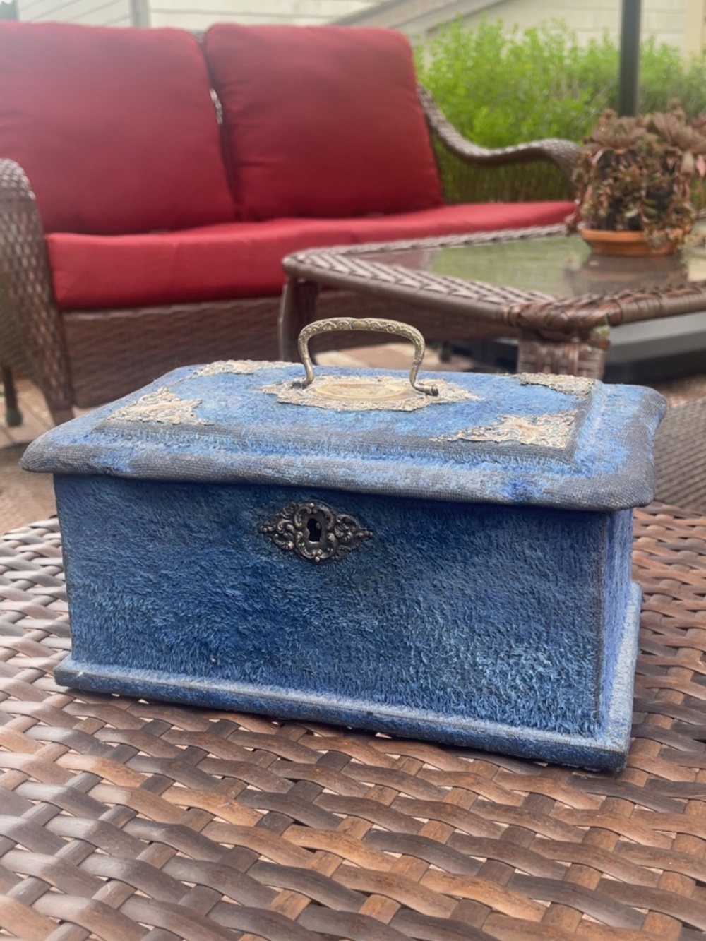 Antique French velvet box with metal trims & button tufting